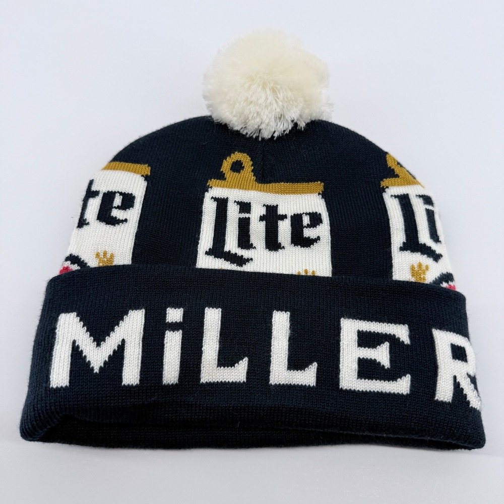 Miller Lite Beanie Mens OSFM Navy Blue Acrylic Pom Pom Knit Beer Graphic Hat - Picture 7 of 12